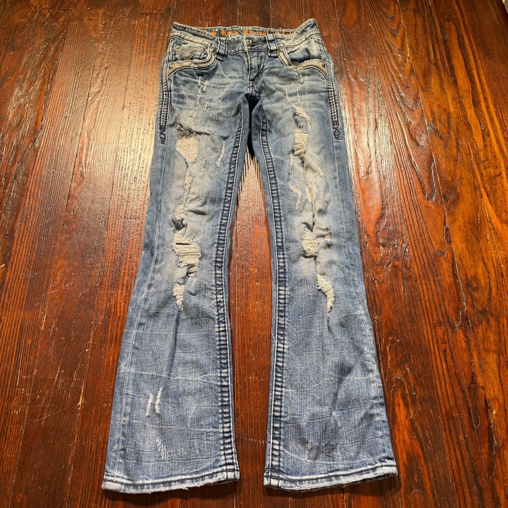Rock Revival Macken Jeans Mens 26x31 Blue Slim Boot Distressed Embroidered Y2K
